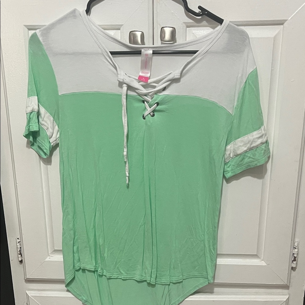 No Boundaries Mint and White Lace-Up Short Sleeve Top